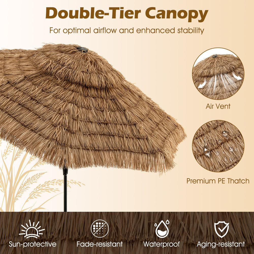 Double-tier thatched canopy of a 10 feet Hawaiian style patio umbrella, featuring air vent for airflow and stability.