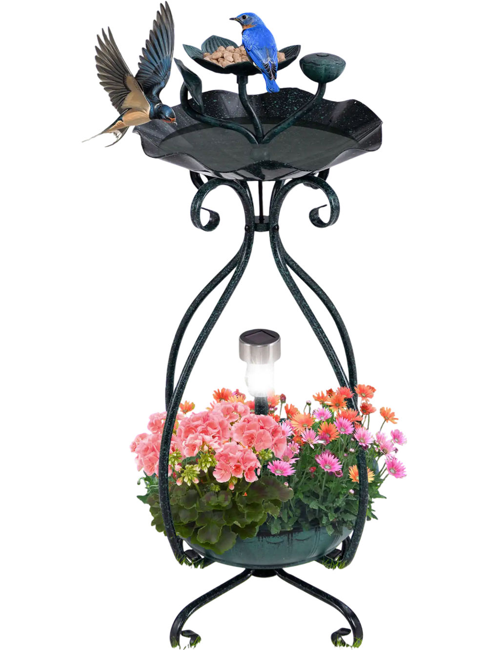 Solar outdoor bird bath feeder with flower planter, featuring a flower-shaped top tray and elegant vintage design for.