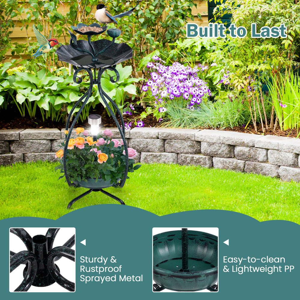 Solar outdoor bird bath feeder combo with flower planter, bronze finish, featuring a lotus leaf bowl and solar lights.