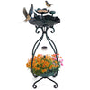 Solar outdoor bird bath feeder combo with flower planter, bronze finish, featuring a lotus leaf design and solar lights.