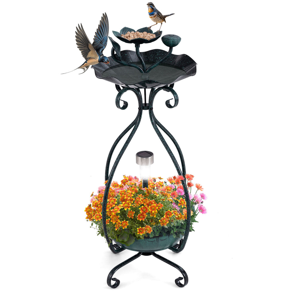 Solar outdoor bird bath feeder combo with flower planter, bronze finish, featuring a lotus leaf design and solar lights.