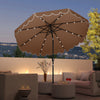 9.3 feet coffee solar patio umbrella with 24 LED lights, ruffled edges, and vented top for enhanced outdoor ambiance.