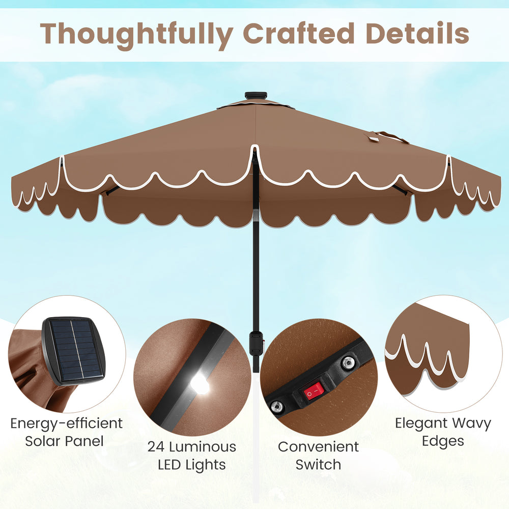 9.3 feet solar patio umbrella in coffee with 24 LED lights, ruffled edges, and vented top for stylish outdoor shade.