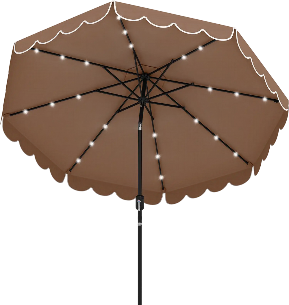 Solar patio umbrella with ruffled edges, 24 LED lights, and vented top for enhanced shade and ambiance.