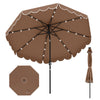 9.3 feet coffee solar patio umbrella with 24 LED lights, ruffled edges, and vented top for enhanced shade and stability.