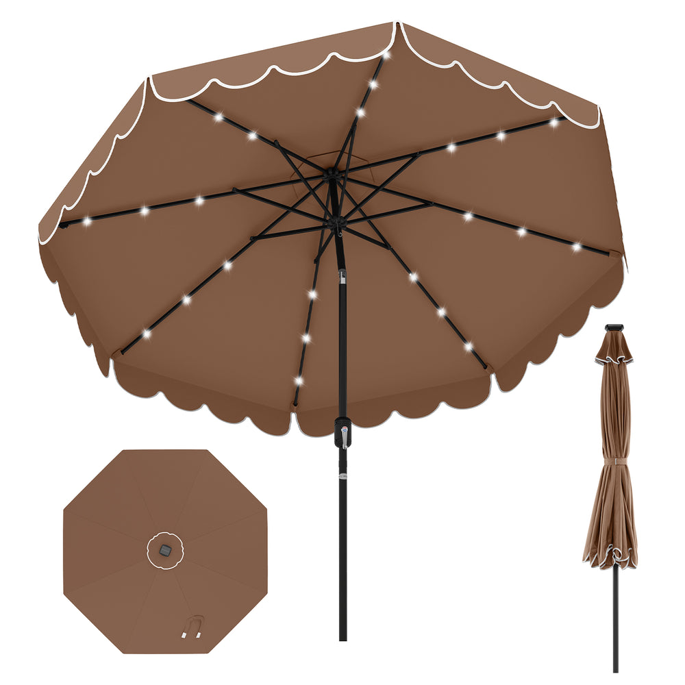 9.3 feet coffee solar patio umbrella with 24 LED lights, ruffled edges, and vented top for enhanced shade and stability.