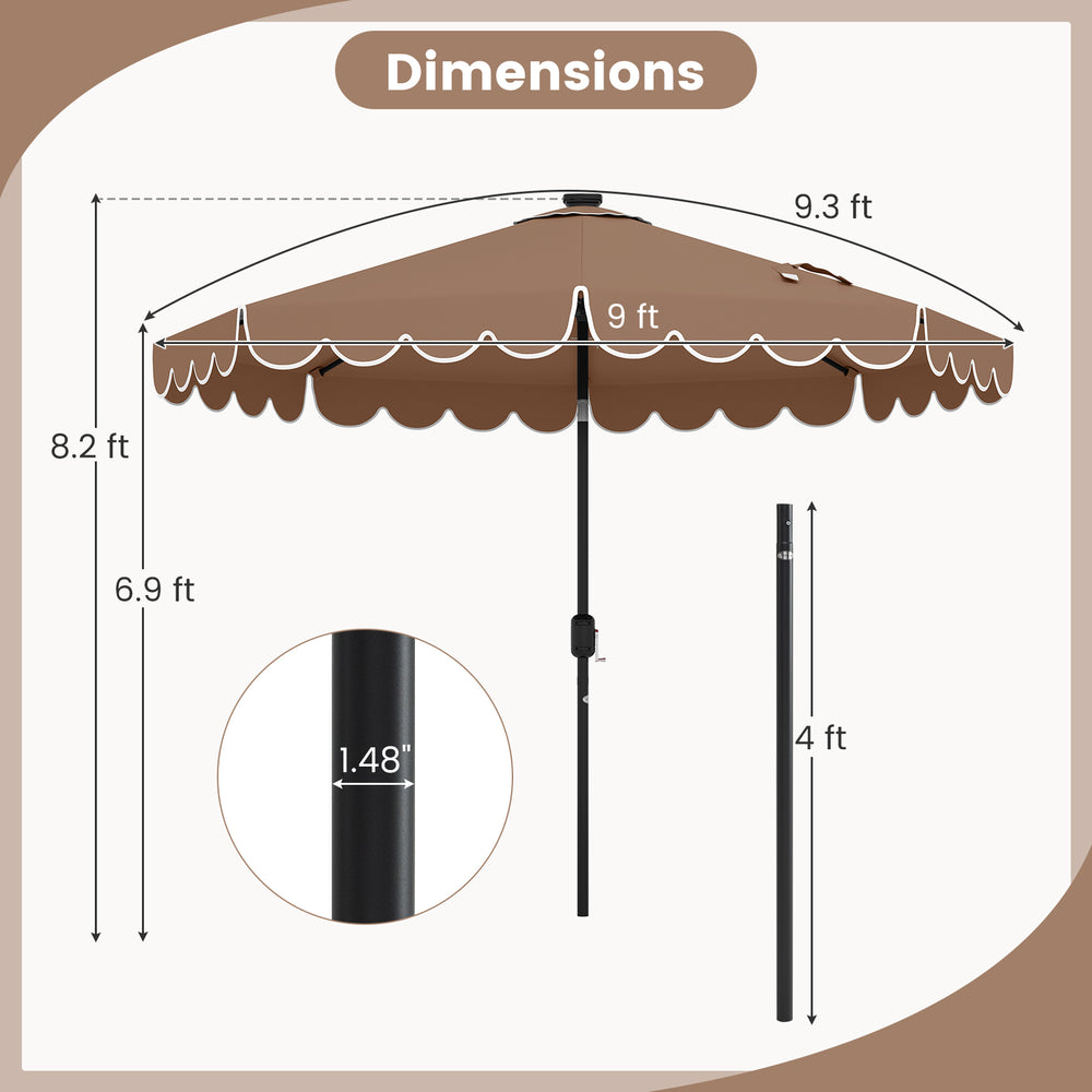 9.3 feet solar patio umbrella in coffee with ruffled edges, featuring 24 LED lights and a vented top for stability.