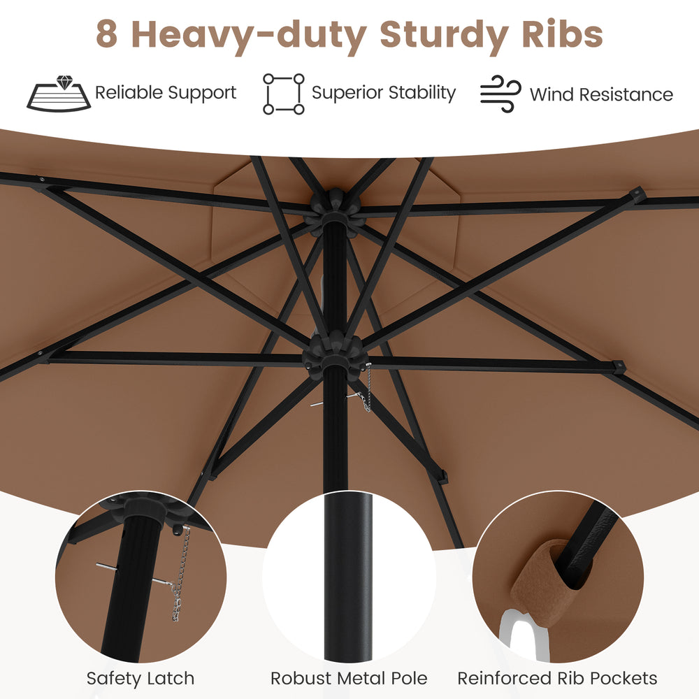 Close-up of the 9.3 feet solar patio umbrella's sturdy ribs and safety latch, showcasing robust support and wind.