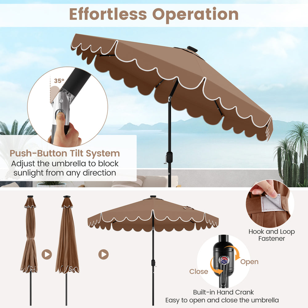 9.3 feet coffee solar patio umbrella with ruffled edges, 24 LED lights, and push-button tilt for customizable shade.