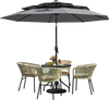 Gray 10-foot solar patio umbrella with 32 LED lights, featuring a 3-tier vented top for enhanced stability and air.