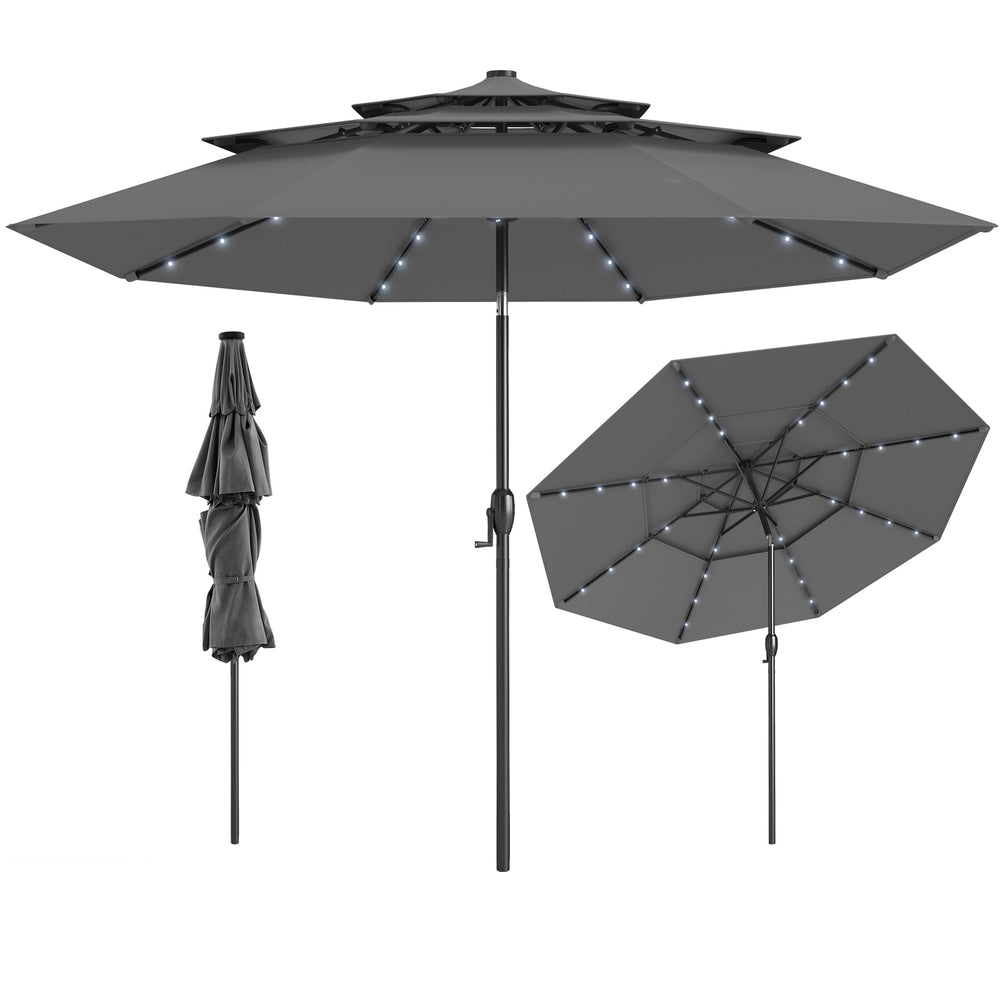 Gray 10-foot solar patio umbrella with 32 LED lights, 3-tier vented top, and easy tilt for customized shade.