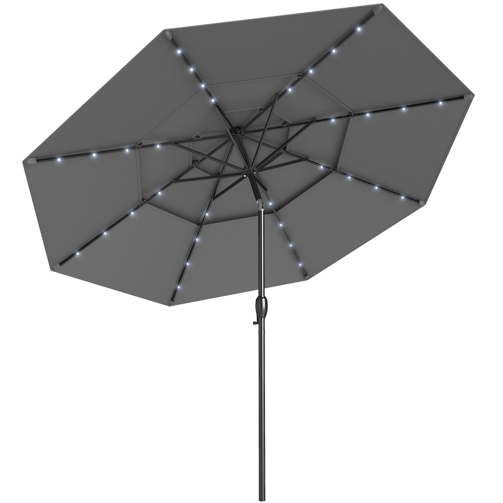 Gray 10-foot solar patio umbrella with 32 LED lights, 3-tier vented top for air circulation and stability.