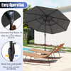 Gray 10-foot solar patio umbrella with 32 LED lights, featuring a push button tilt and crank handle for easy operation.