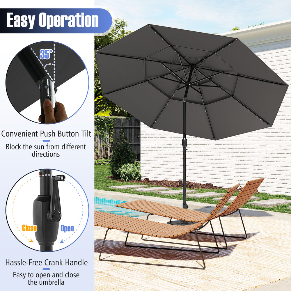 Gray 10-foot solar patio umbrella with 32 LED lights, featuring a push button tilt and crank handle for easy operation.