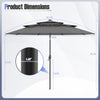 10-foot gray solar patio umbrella with a 3-tier vented top, showcasing dimensions and sturdy metal ribs for stability.