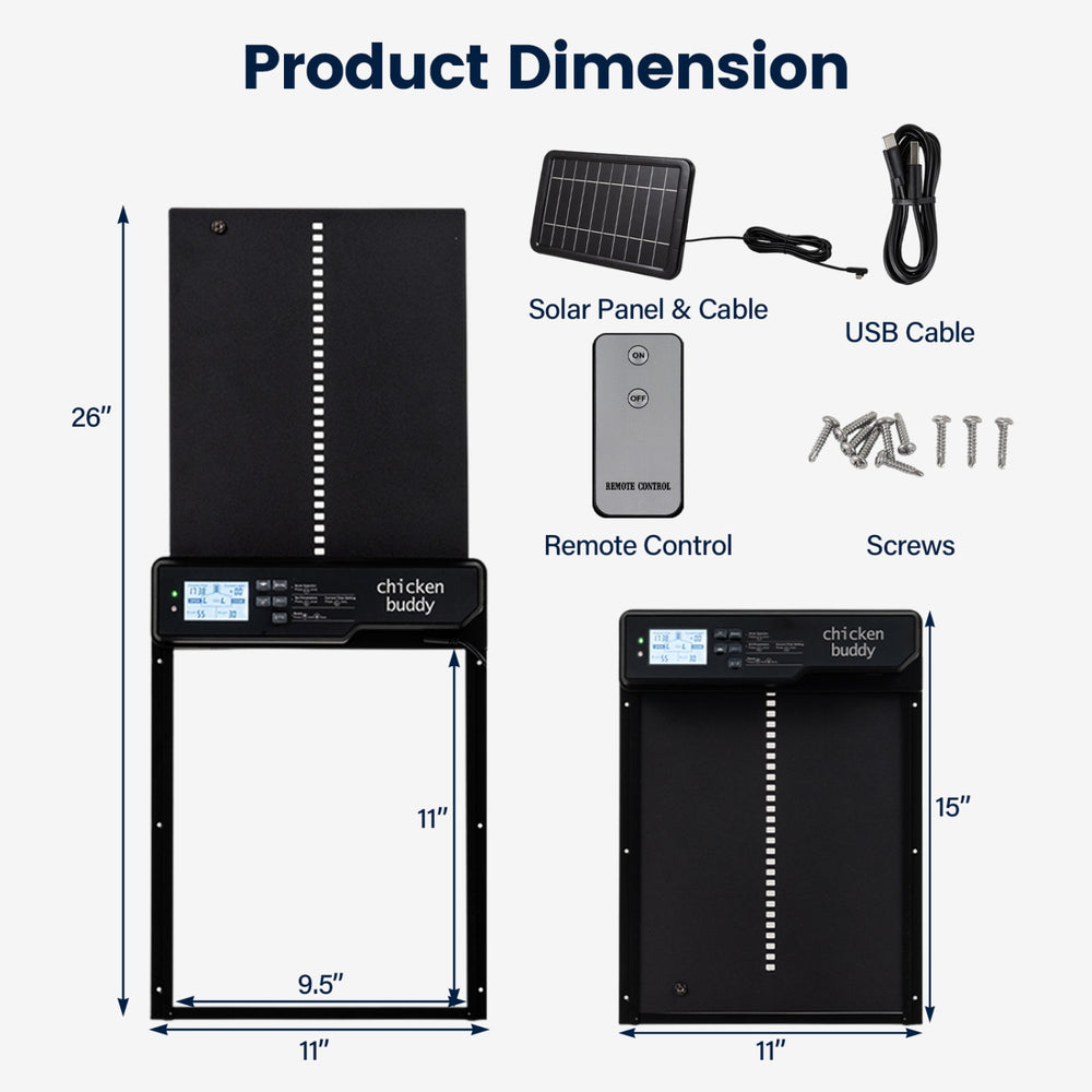 Solar powered automatic chicken coop door with adjustable light and time settings, featuring a clear display and anti-pinch function.