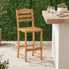Solid acacia wood bar stool with slatted seat and backrest, ideal for outdoor patios and decks, supports up to 400 lbs.