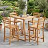 Solid acacia wood outdoor bar stools with slatted seats, designed for patios and decks, supporting up to 400 lbs.