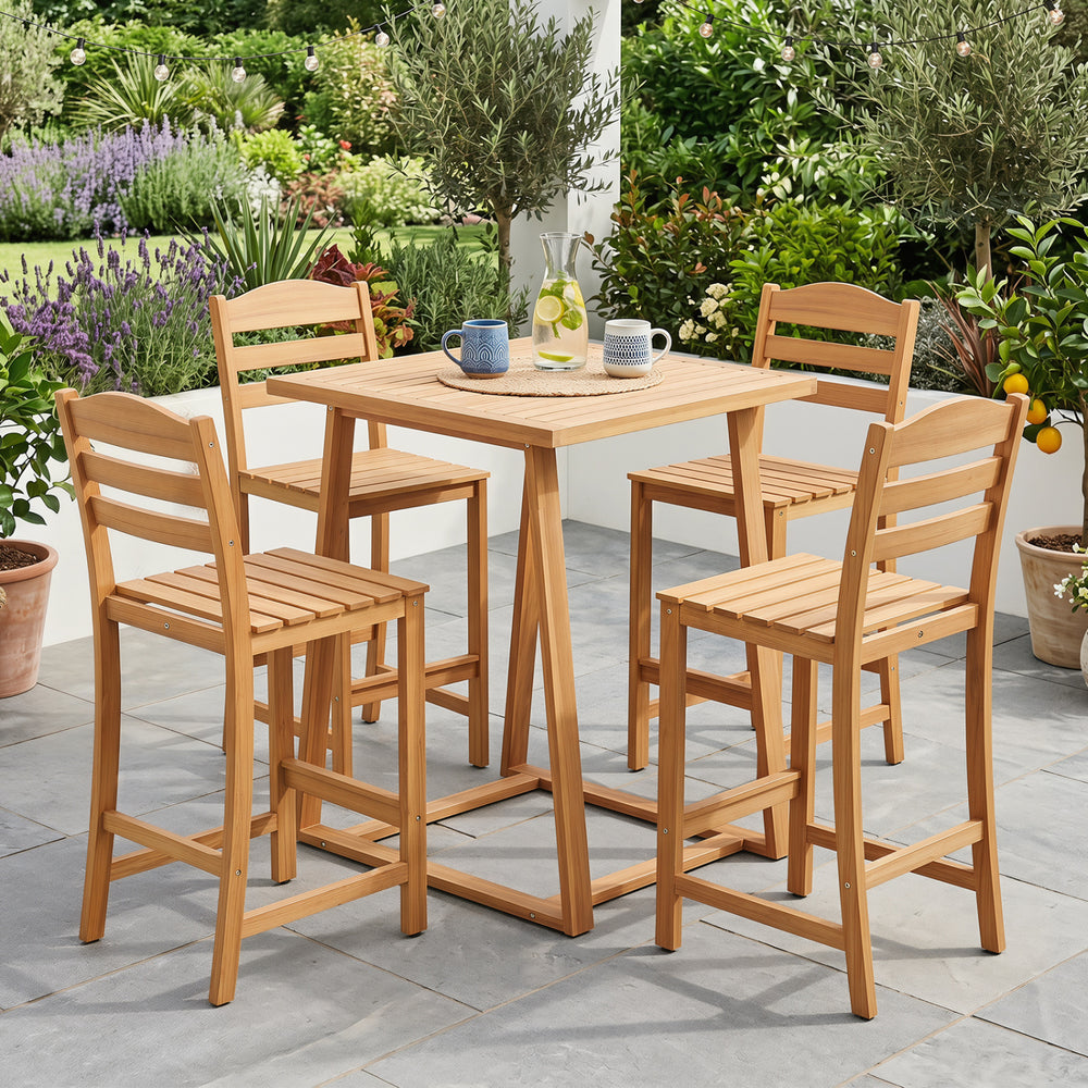 Solid acacia wood outdoor bar stools with slatted seats, designed for patios and decks, supporting up to 400 lbs.