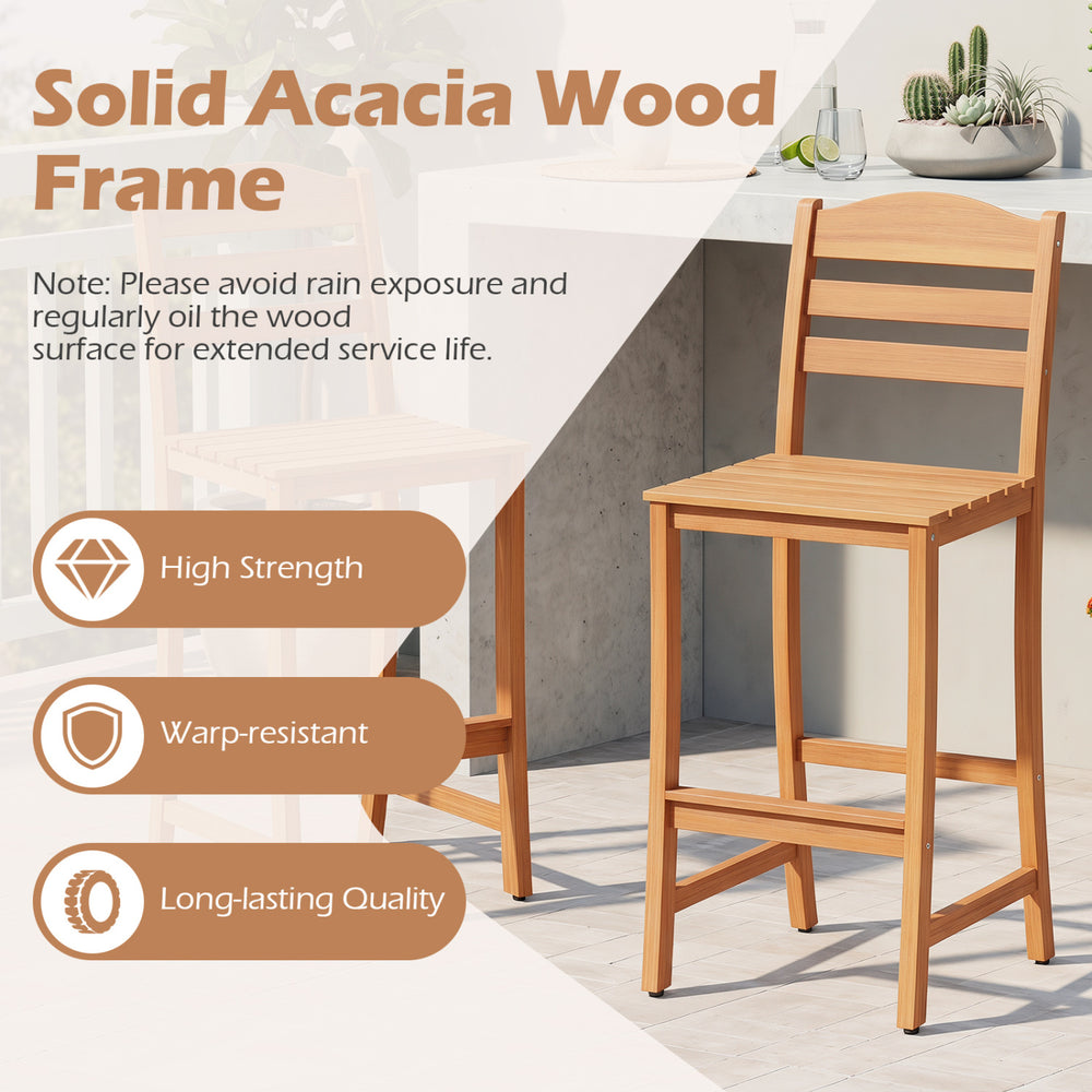 Solid acacia wood bar stool with slatted seat and backrest, designed for outdoor use, supports up to 400 lbs.