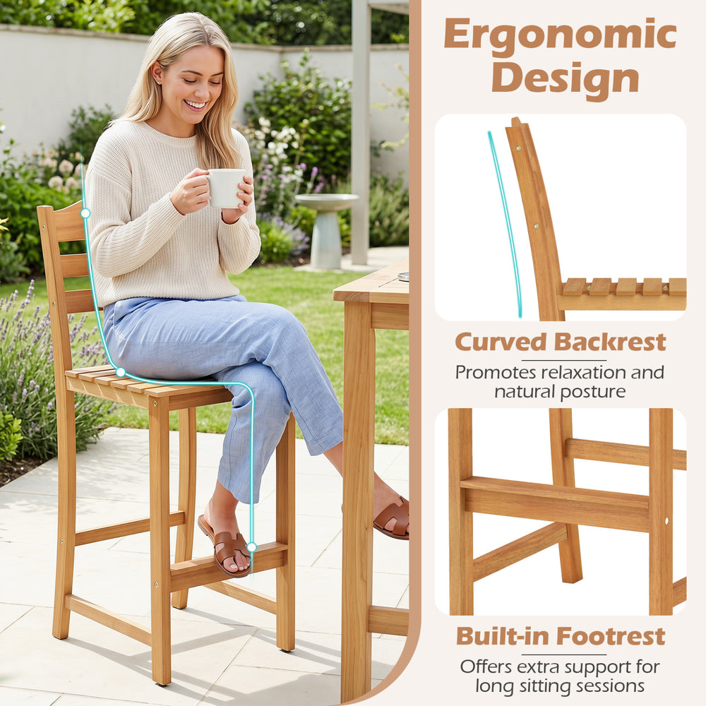 Solid acacia wood bar stool with curved backrest and built-in footrest, ideal for outdoor patios and decks.