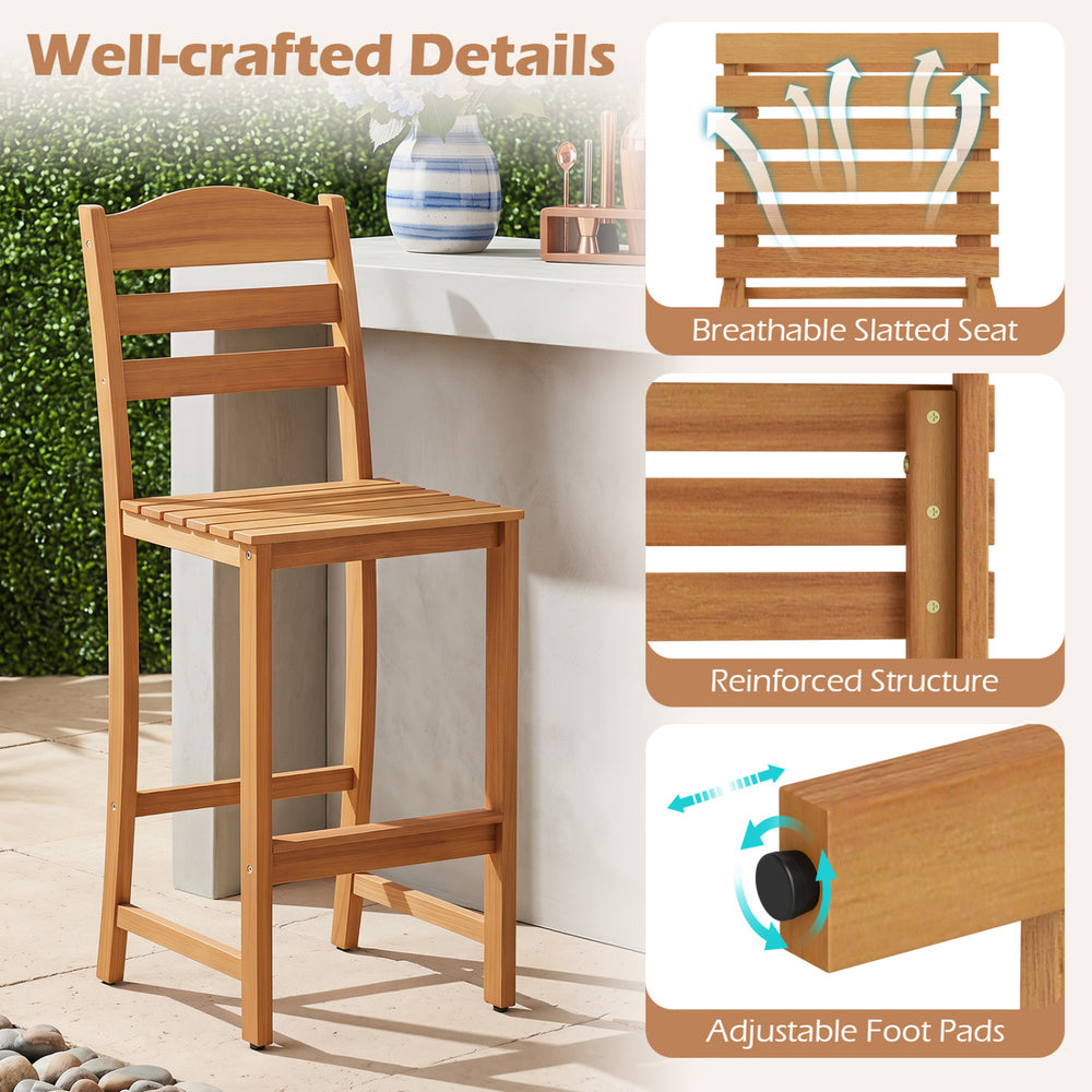 Solid acacia wood bar stool with slatted seat, reinforced structure, and adjustable foot pads for outdoor use.