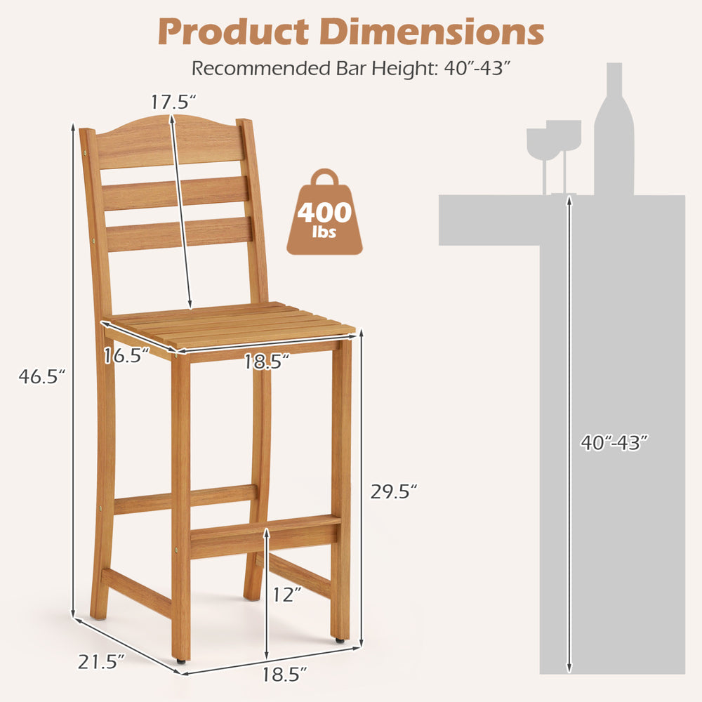 Solid acacia wood bar stool with slatted seat, 400 lbs max load, ideal for outdoor patios and decks.