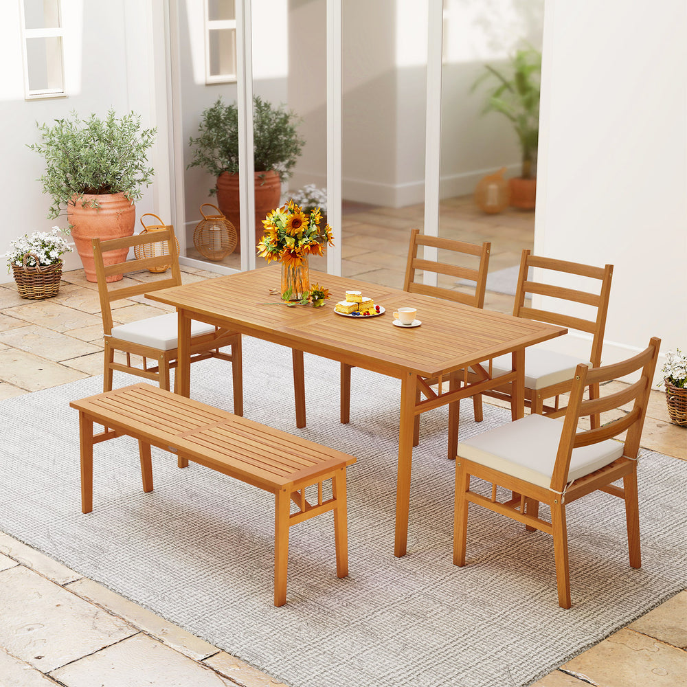 Armless patio chair set of 2 in natural acacia wood with white cushions, perfect for outdoor dining and relaxation.