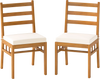 Set of 2 armless patio chairs made of solid acacia wood with white padded cushions, ideal for outdoor dining.