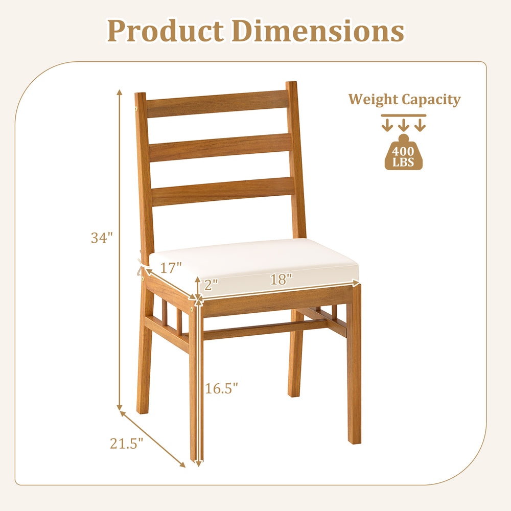 Solid acacia wood patio chair with white padded seat, featuring slatted design and curved backrest for outdoor comfort.