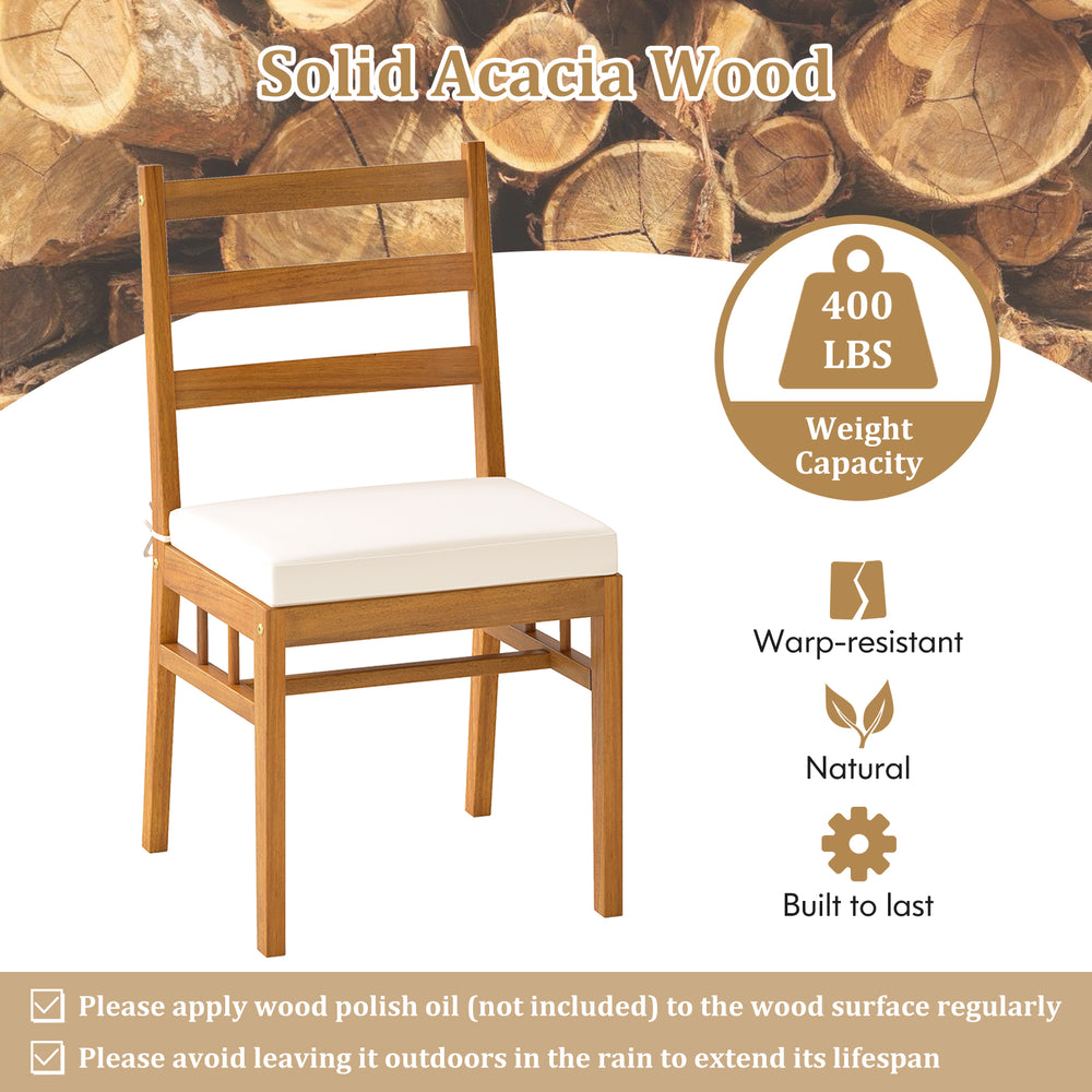 Solid acacia wood patio chair with white cushion, featuring a curved backrest and slatted seat for outdoor comfort.