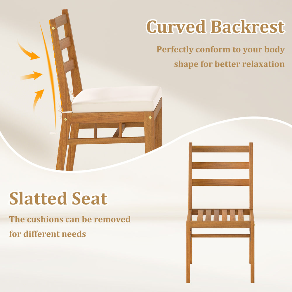 Curved backrest and slatted seat of solid acacia wood patio chair set, featuring removable cushions for outdoor comfort.