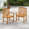 Set of 2 solid acacia wood patio chairs with slatted seats and inclined backrests for outdoor relaxation.