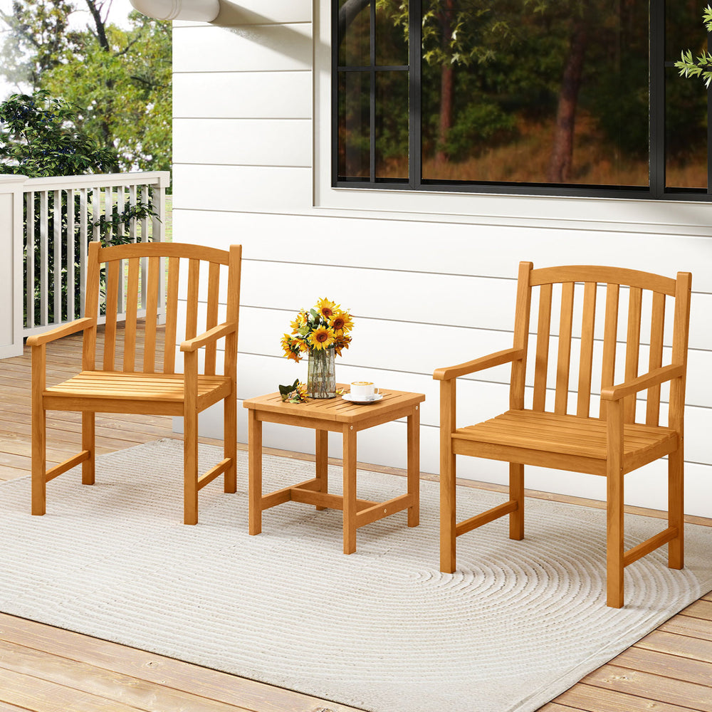 Solid acacia wood patio chairs set of 2 with slatted seats and inclined backrests, perfect for porch or garden use.