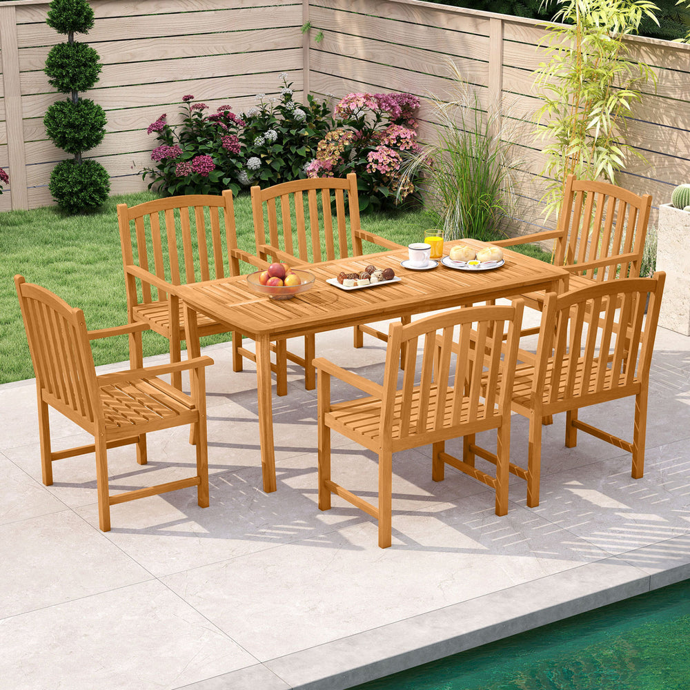 Solid acacia wood patio dining table surrounded by eight matching chairs, perfect for outdoor gatherings and dining.