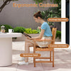 Solid acacia wood patio chair with inclined backrest, curved armrests, and spacious slatted seat for outdoor comfort.