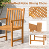 Solid acacia wood patio dining chair with slatted seat, inclined backrest, and built-in armrests for outdoor comfort.