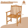Solid acacia wood patio chair with slatted seat, inclined backrest, and armrests, ideal for porch or garden use.
