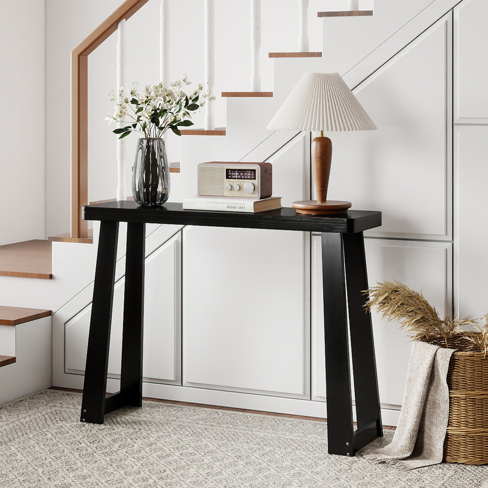 Black solid rubber wood console table with a thick tabletop, perfect for entryways and narrow spaces.