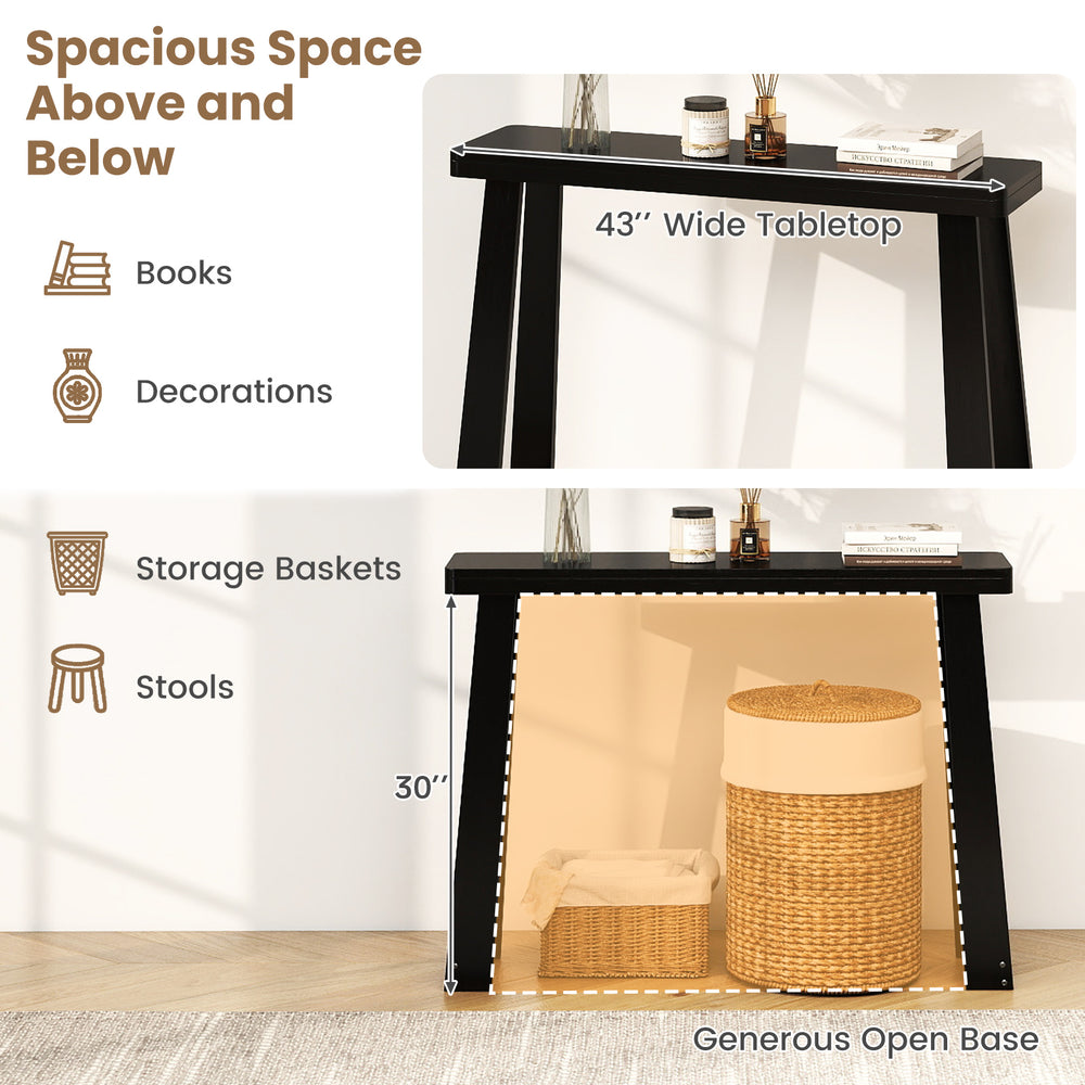 Solid rubber wood console table with a 43" wide tabletop and generous open base, ideal for entryway storage.