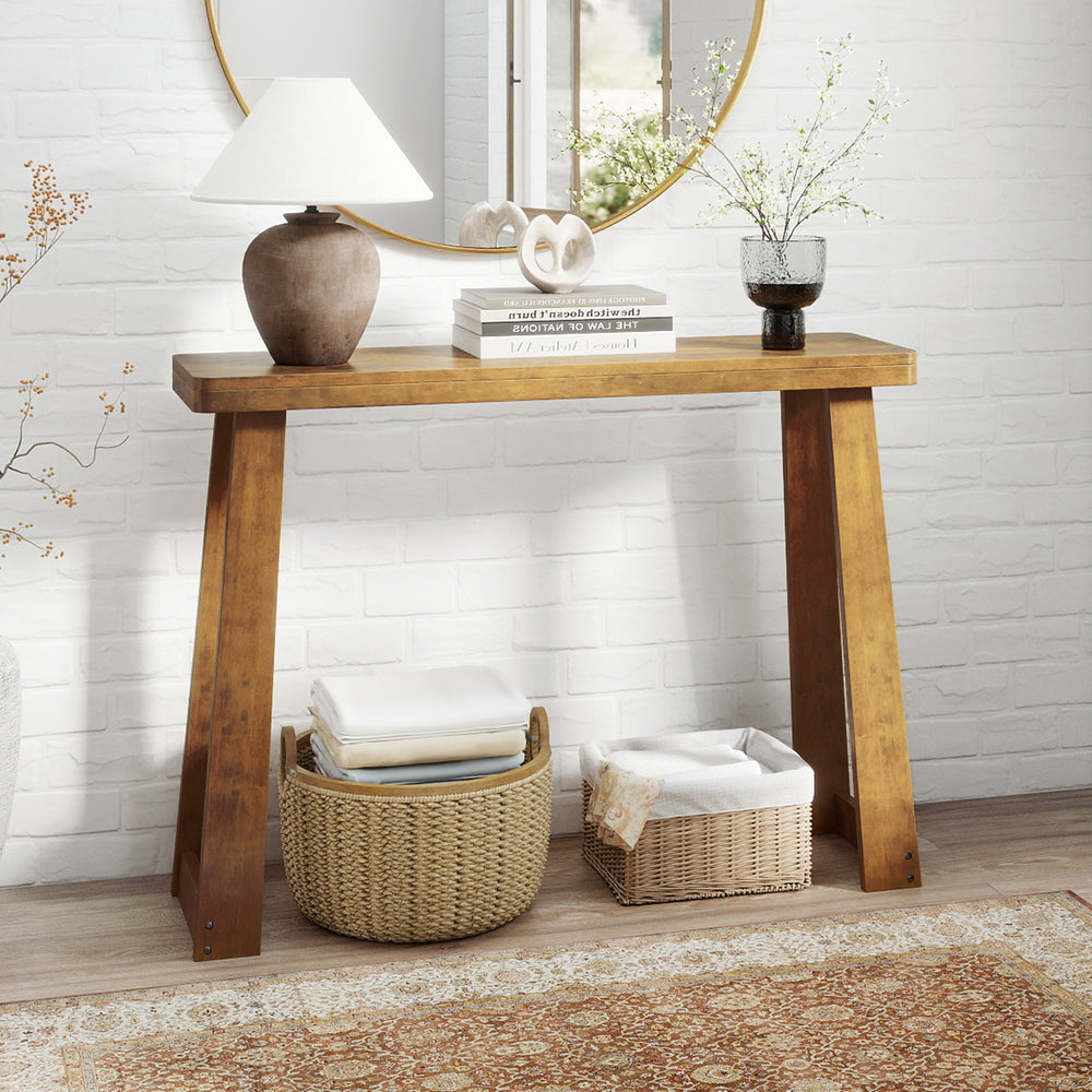 Solid Rubber Wood Console Table 43inch Narrow Entryway Table with Thick Tabletop and Stable Base-Walnut - Gallery View 1 of 10