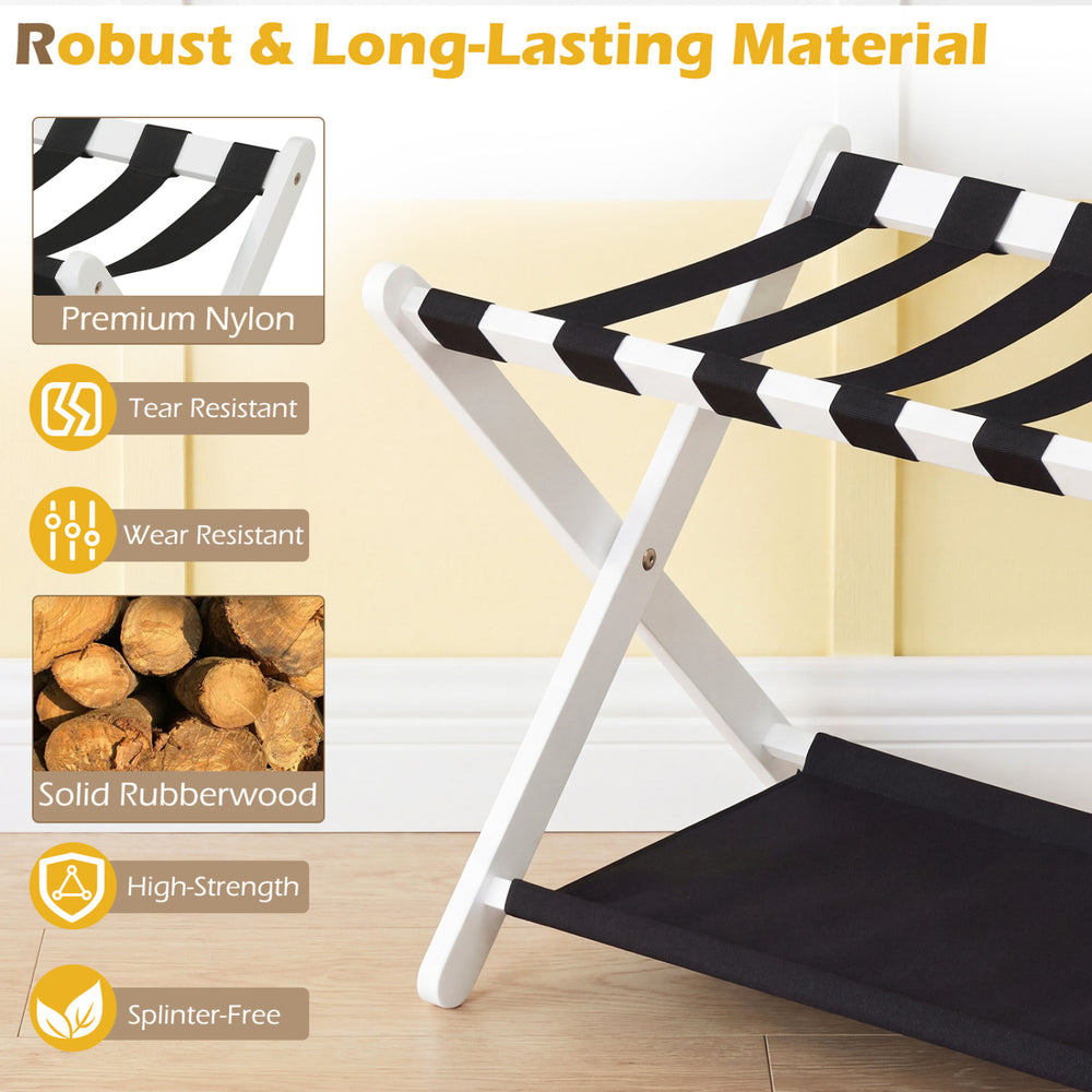Solid rubberwood folding luggage rack with nylon shelves, featuring a 2-tier design for organized storage and easy.