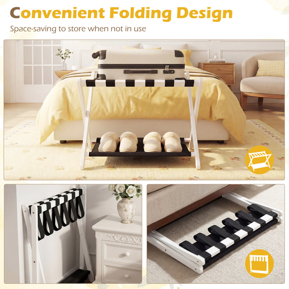 Folding luggage rack in white with solid rubberwood frame and nylon shelves, ideal for organizing shoes and bags.