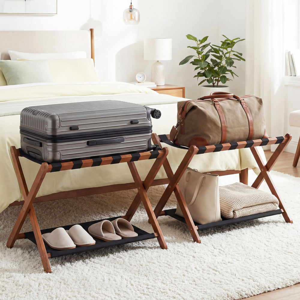 Solid Rubberwood Folding Luggage Rack with Nylon Shelves Set of 2-Brown - Gallery View 1 of 8
