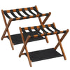 Solid rubberwood folding luggage rack set of 2 with nylon shelves, ideal for organizing bags and travel accessories.