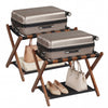 Folding luggage rack set of 2 in brown rubberwood with nylon shelves, ideal for organizing bags and travel accessories.
