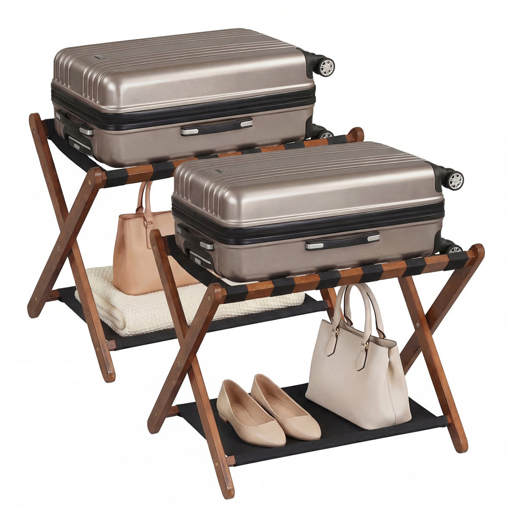 Folding luggage rack set of 2 in brown rubberwood with nylon shelves, ideal for organizing bags and travel accessories.