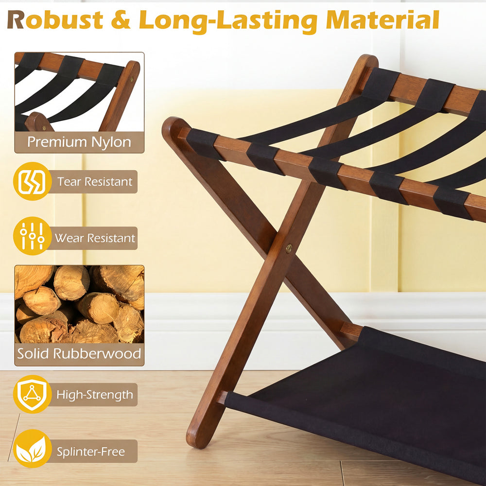 Solid rubberwood folding luggage rack set of 2 with nylon shelves, featuring a compact design for easy storage.