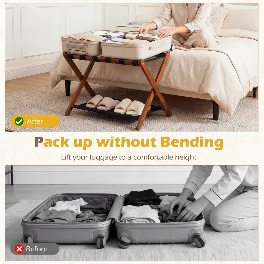 Solid rubberwood folding luggage rack with nylon shelves, featuring a 2-tier design for easy packing and storage.