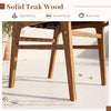 Close-up of solid teak wood dining chair showcasing woven strap design and crossbars for outdoor comfort and stability.